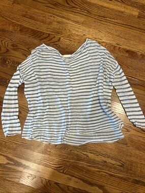 CP Shades Striped Long-Sleeve Crew Neck Linen Top - Light Blue & White